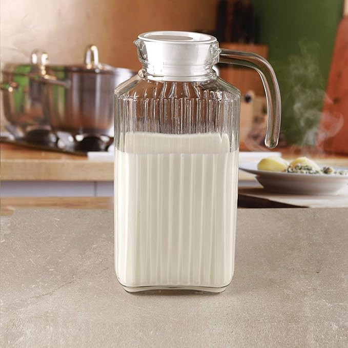 Glass Ware Ribbed Pitcher With Lid And Handle, Up To 60oz.Each- Sleek And Elegant, For Milk, Iced... | Amazon (US)