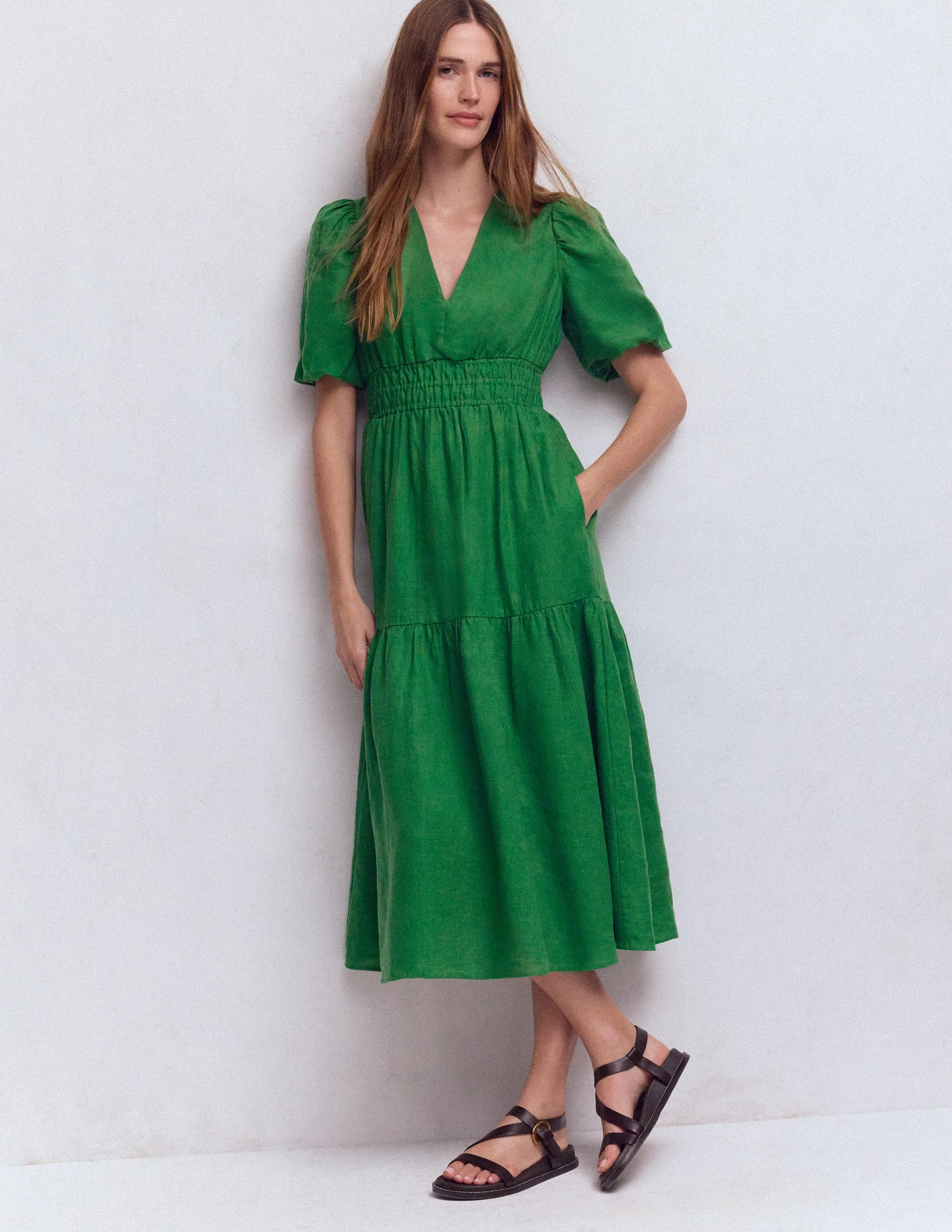 Boden Women's Irene Linen Midi Dress in Green | Size 12 | Boden (US)