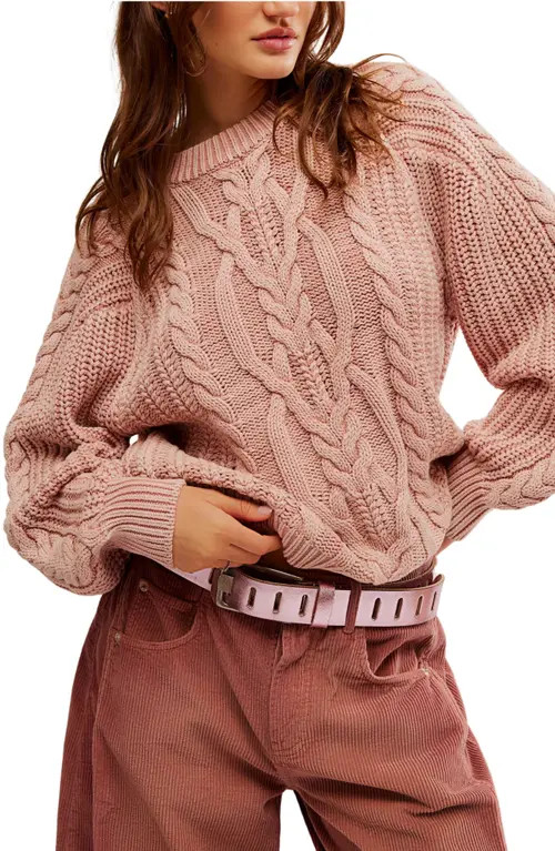 Free People Frankie Cable Cotton Sweater in Misty Rose at Nordstrom, Size X-Small | Nordstrom