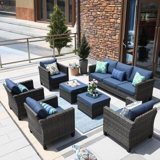 New Vultros Gray 7-Piece Wicker Outdoor Patio Conversation Seating Set with Blue Cushions | The Home Depot