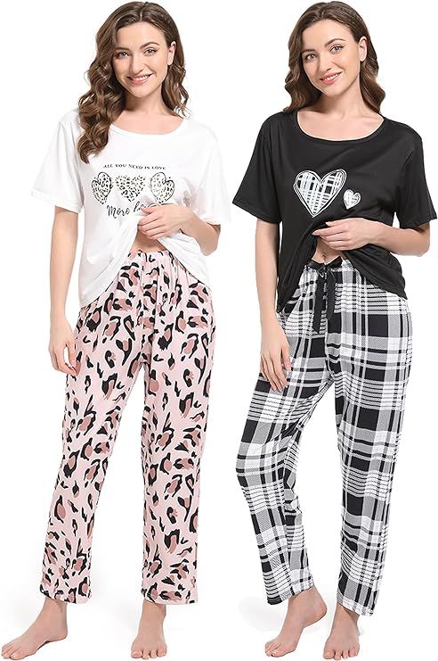 2 Pack Women's Pajama Sets Short Sleeve Tee Pants Pjs Plaid Leopard Lounge wear | Amazon (US)