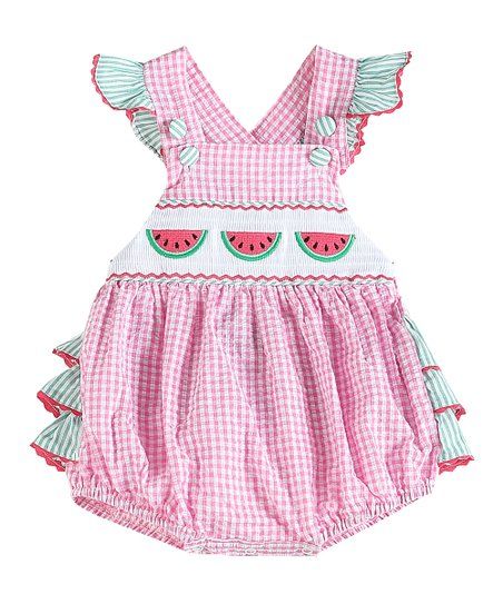 Pink & Green Gingham Watermelon Smocked Ruffle Romper - Toddler | Zulily