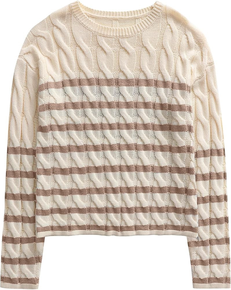 ANRABESS Womens Cable Knit Cropped Sweaters Long Sleeve Crewneck Striped Casual 2024 Fall Pullove... | Amazon (US)
