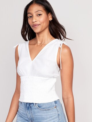 Fitted Sleeveless V-Neck Tie-Shoulder Smocked Blouse for Women | Old Navy (US)