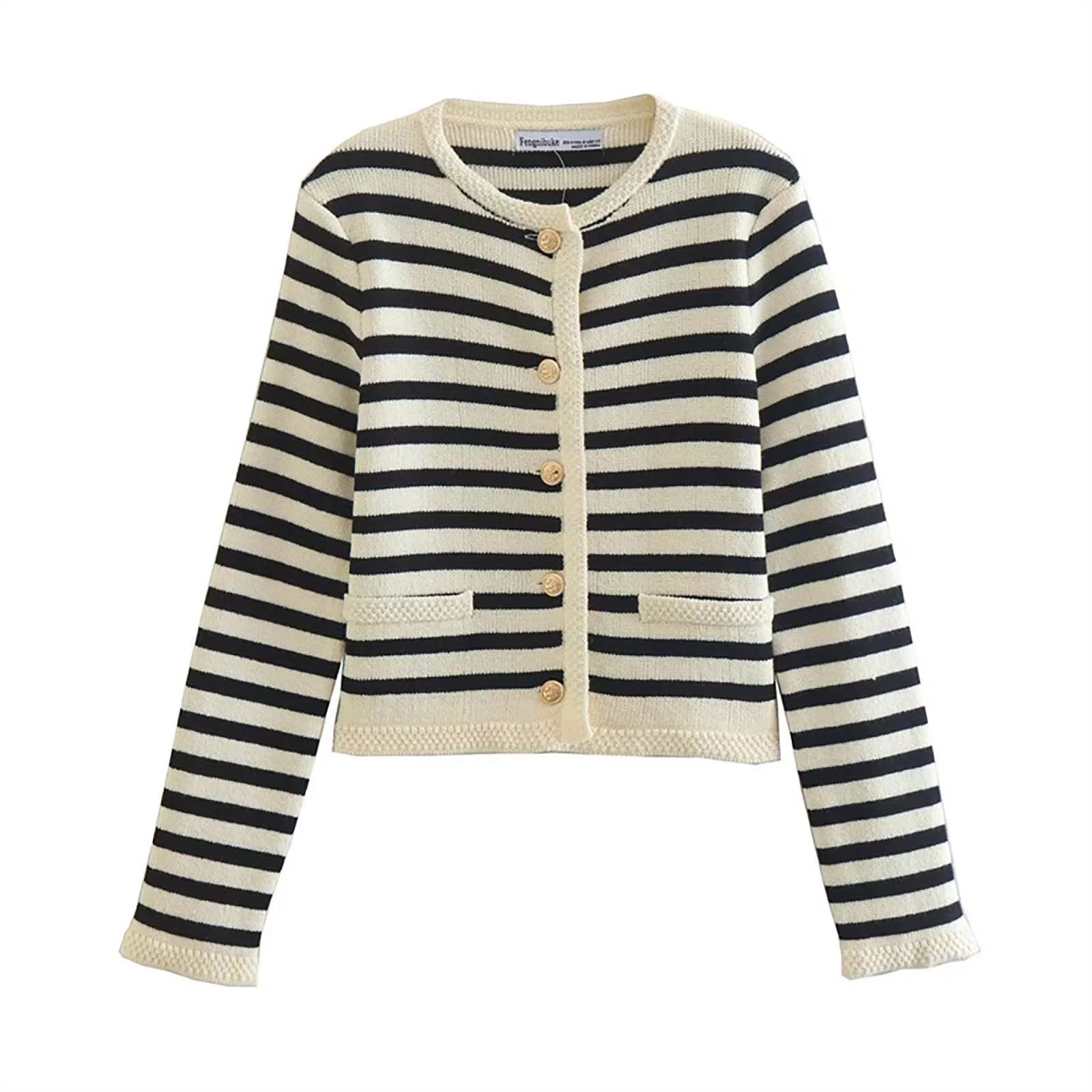 Womens Cardigans Contrast Color Striped Round Neck Small Fragrance Knitted Short With Jacket Card... | Walmart (US)