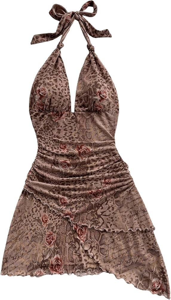 Verdusa Women's Vintage Leopard Print Layered Halter Dress Floral Asymmetrical Ruched Backless Mi... | Amazon (US)