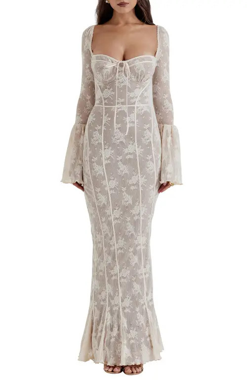 HOUSE OF CB Delilah Floral Long Sleeve Lace Maxi Dress in Vintage Cream at Nordstrom, Size Medium A | Nordstrom