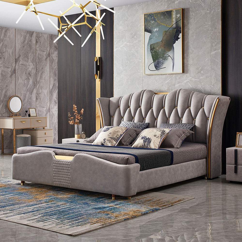 Light Gray Upholstered Tufted King Bed with Wingback Headboard | Homary