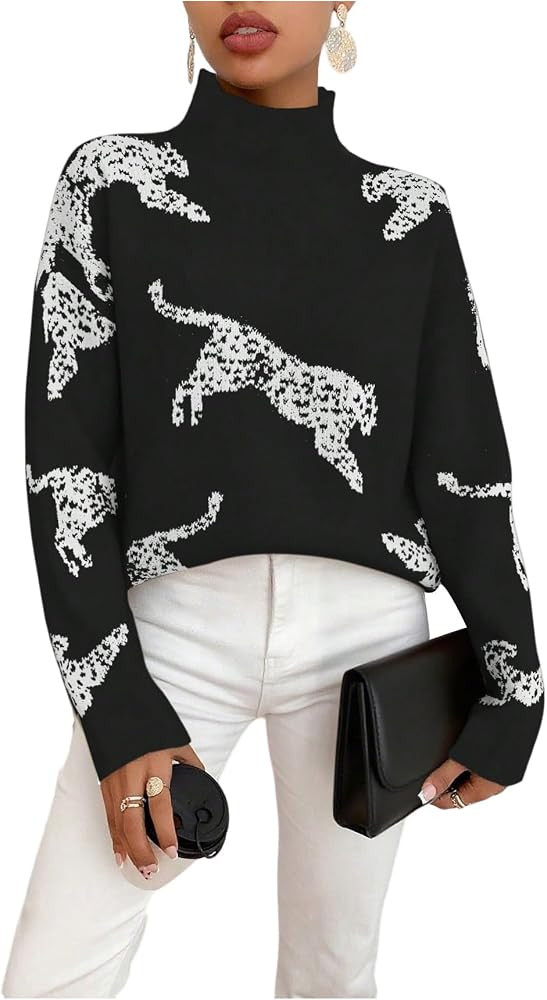 WDIRARA Women's Leopard Tiger Print Sweater High Neck Long Sleeve Fuzzy Knitted Pullover Top | Amazon (US)
