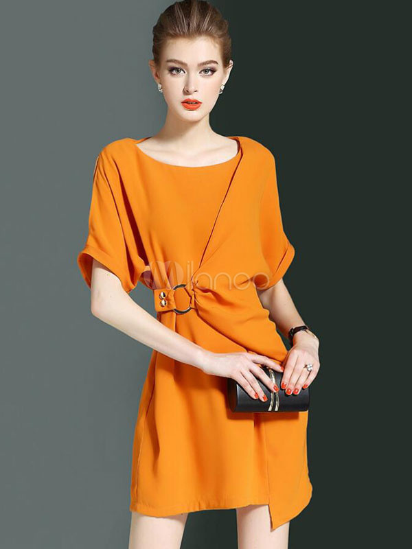 Orange Mini Dress Round Neck Short Sleeve Chiffon Hoop Women's Short Dresses | Milanoo