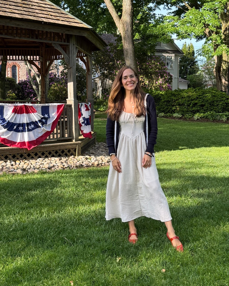 Loving this tan and cream colored Striped Smocked Back Dipped Waist Midi Dress with Pockets that is such a great trend at the moment! My jelly shoes and oldie but goodie Ralph Lauren zip up sweater gave it the perfect Americana look on Memorial Day and at my most recent female creatives meetup! The dress is on sale too as are the shoes!

#LTKootd #LTKmomlife #LTKSaleAlert