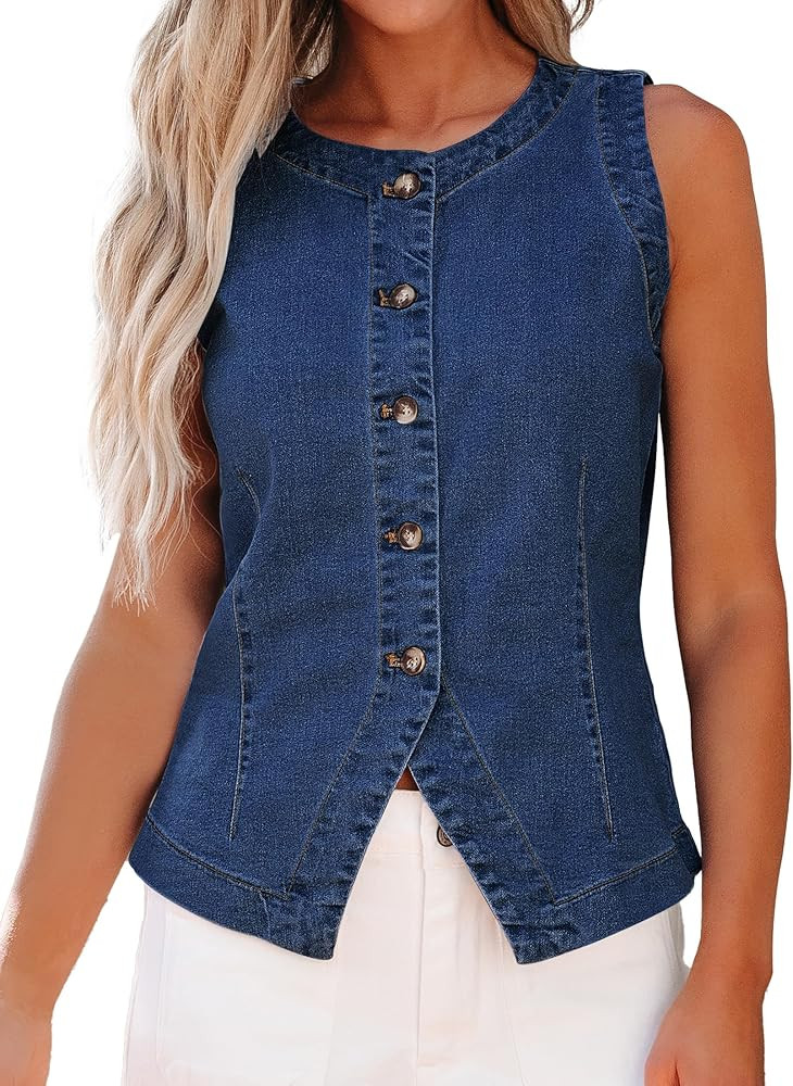 luvamia Denim Vest for Women Sleeveless Strechy Jean Vest Top Button Down Crewneck Casual Summer ... | Amazon (US)