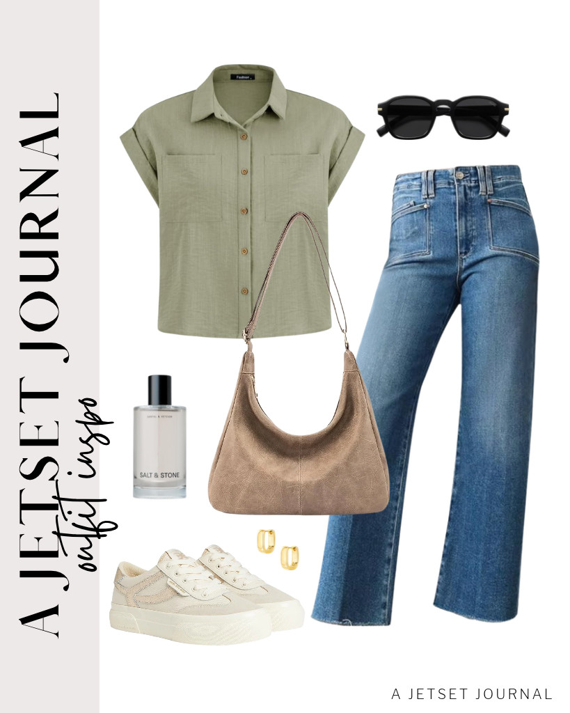 The next outfit features a bean green PRETTYGARDEN button-down top and Astylish jeans. Sam Edelman’s Simone sneakers are perfect for this look together with this trendy shoulder bag. Remember to wear your SOJOS square polarized sunnies, too! 

 #LTKSeasonal #LTKSaleAlert #LTKTravel