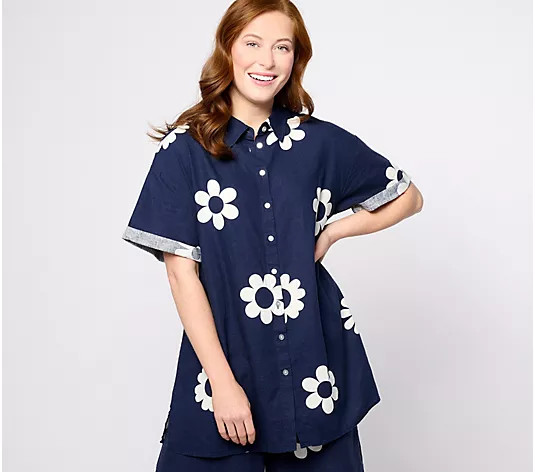 Peace Love World Boheme Short-Sleeve Linen Shirt - QVC.com | QVC
