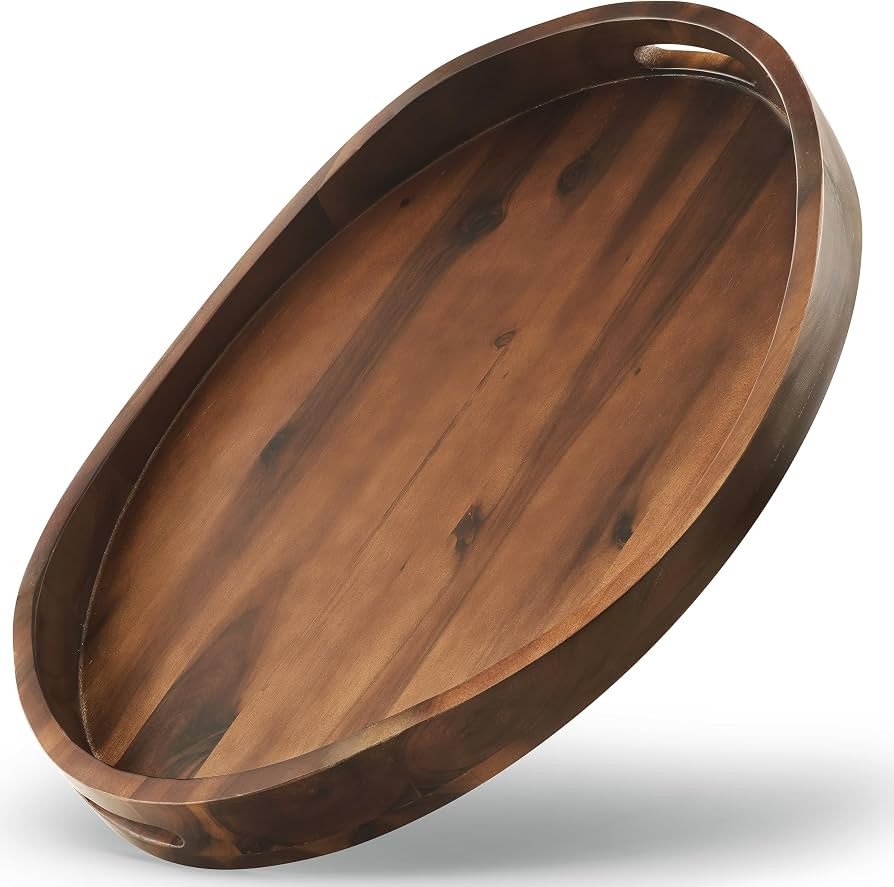 TIDITA Acacia Oval Wooden Serving Tray with Handle, 16.5"x13", Walnut Color | Amazon (US)