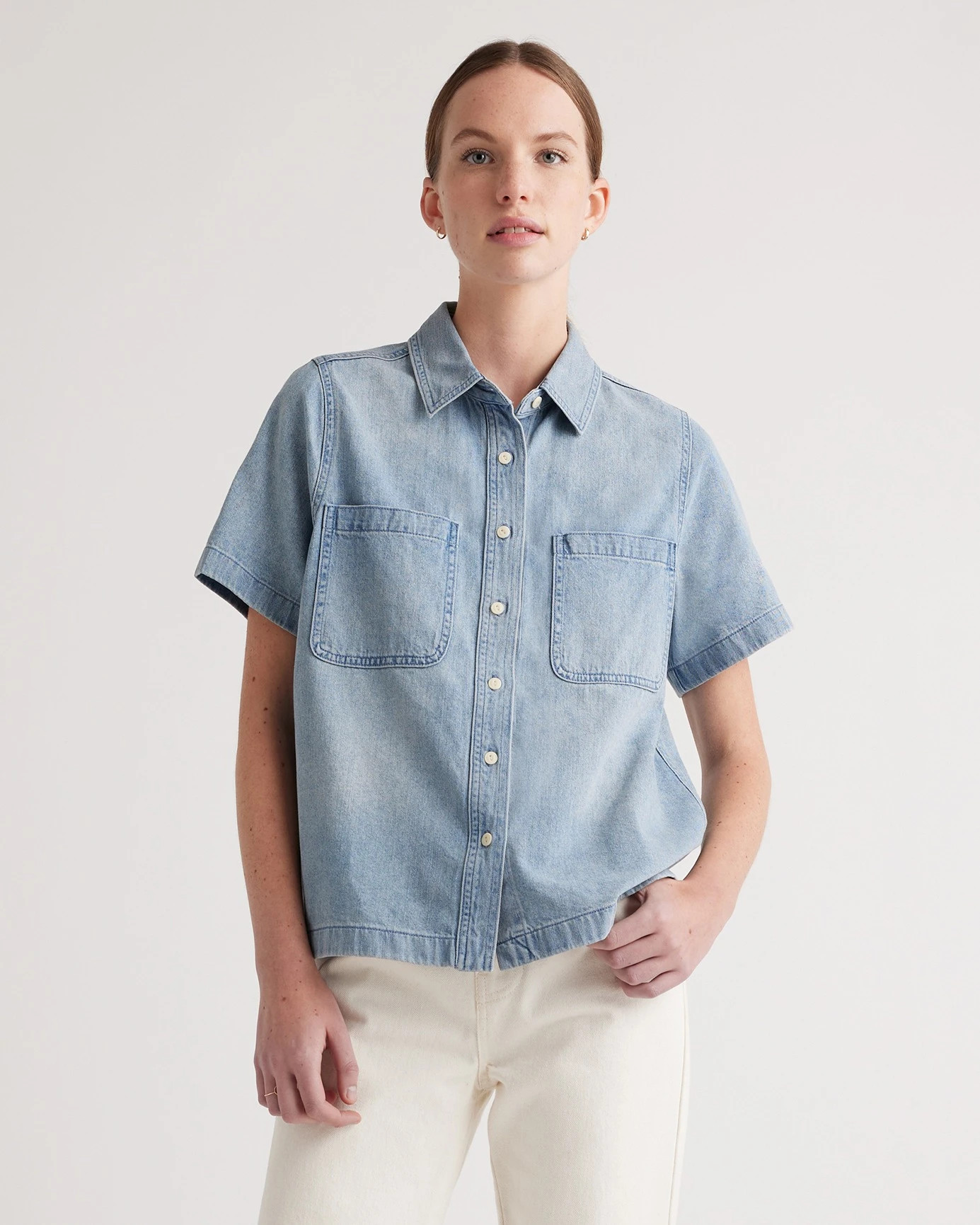 Quince | Women's Distressed Denim Short Sleeve Shirt in Washed Black, Size Medium, Cotton | Quince