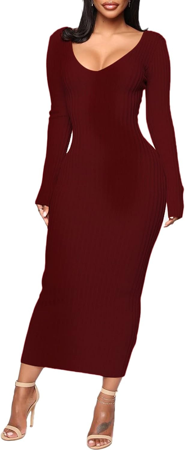 BestGirl Women's Sexy Ribbed Sweater Dresses Bodycon V Neck Off Shoulder Long Sleeve Lightweight Knit Midi Dress | Amazon (US)