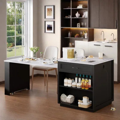 Kitchen Island With Extendable Dining Table, Power Outlet, 2 Drawers, 2 Side Open Shelves And Double-sized Storage Design | Wayfair North America