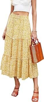Hibluco Women's Floral Midi Skirts Elastic High Waist A-Line Swing Skirts | Amazon (US)