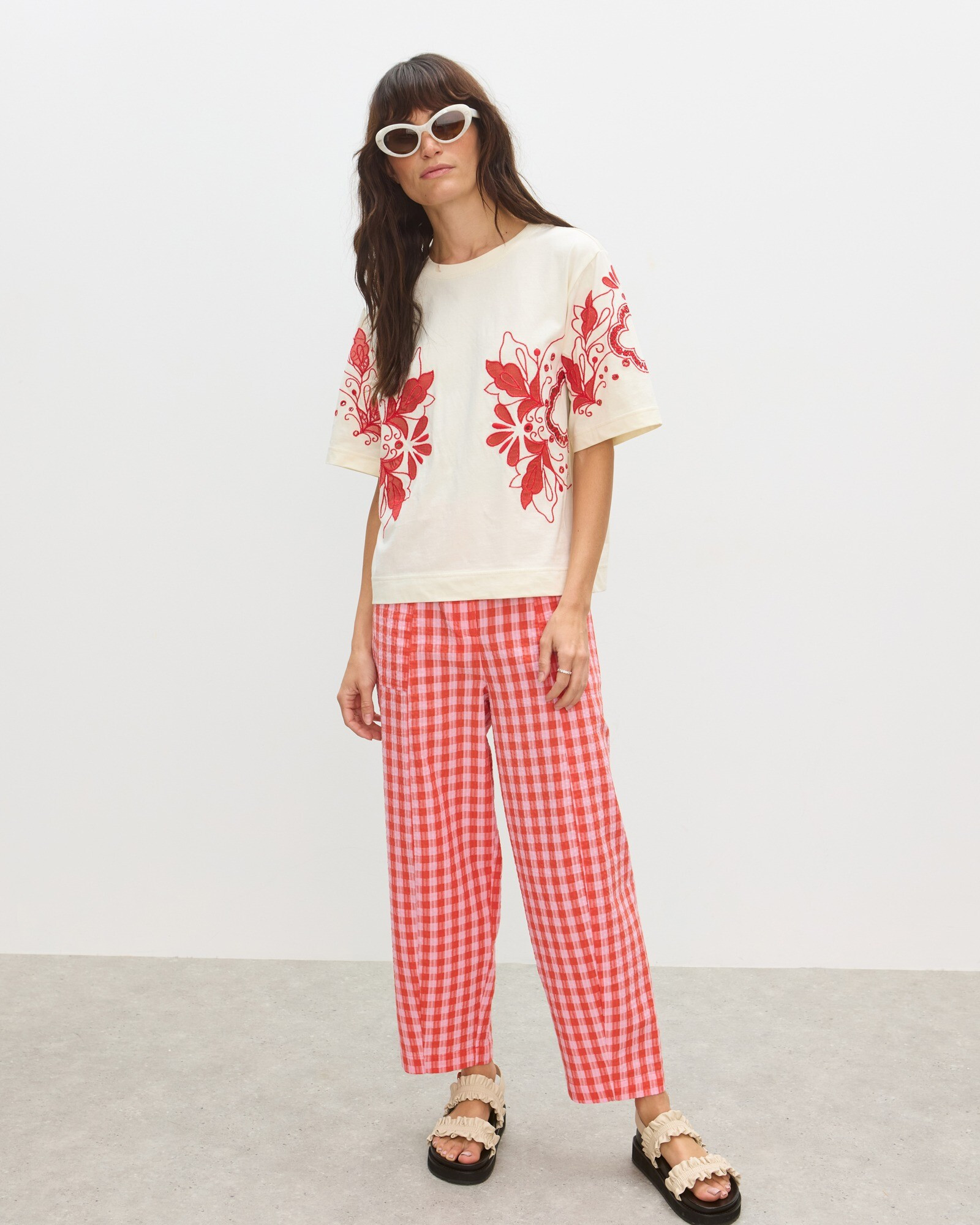 Red & Pink Gingham Cotton Cropped Tapered Trousers, size 18 | Oliver Bonas (Global)