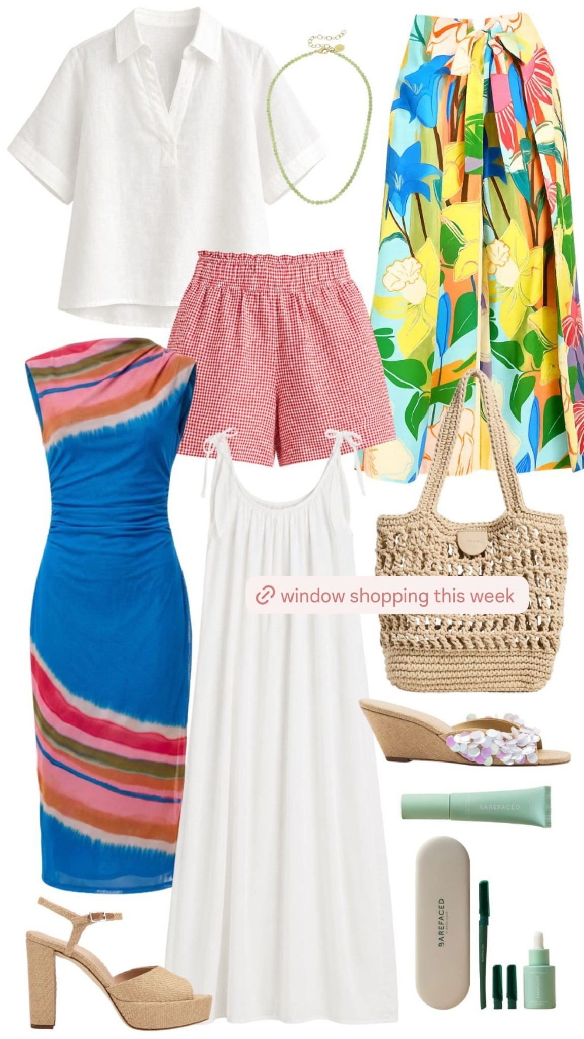 currently adding all of these to my summer wishlist ☀️ i’m clearly gravitating toward colorful statement pieces mixed with easy basics lately!

that blue striped dress feels perfect for a beach dinner or summer wedding with raffia heels and glowy makeup, and i love the floral pants styled with a simple white linen top and layered jewelry for vacation nights. also very into the idea of pairing those gingham shorts with an oversized button down and sandals for an easy daytime look.

the woven tote is exactly the kind of bag i throw on with everything all summer long and that breezy white dress feels like one of those pieces you end up wearing constantly — farmers markets, travel days, dinners, all of it. also can confirm those sequin wedges would make any outfit instantly more fun. 

 #LTKSeasonal