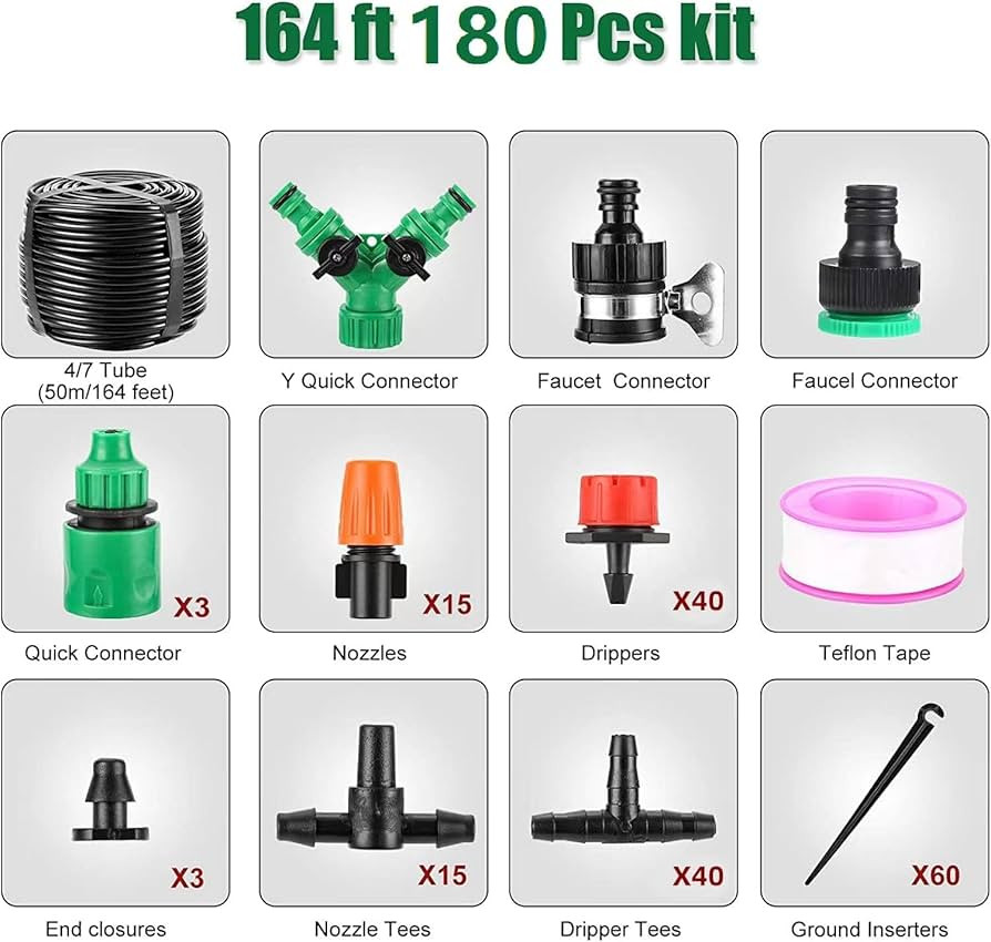 Drip Irrigation System, 180 Pcs 164FT Garden Irrigation System 1/4" Blank Distribution Tubing Wat... | Amazon (US)