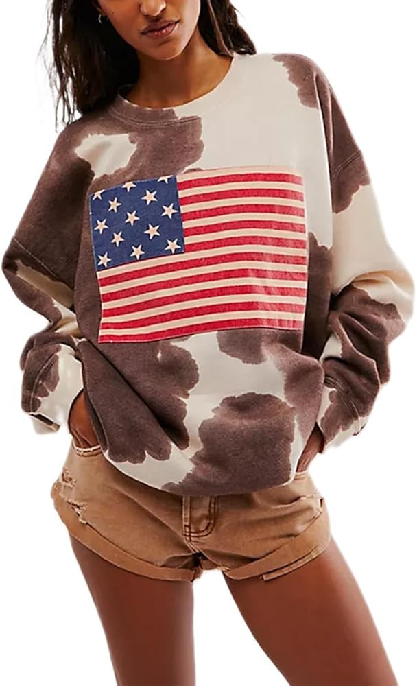 Meiweileya Womens Y2k Usa Star Graphic Print Oversized Sweatshirts Vintage Striped Tiger Aestheti... | Amazon (US)