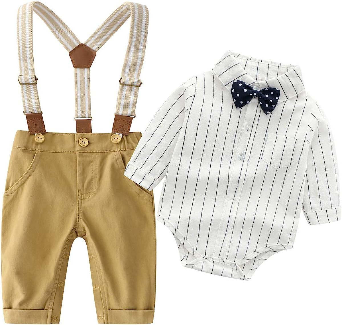 Baby Boys Gentleman Outfits Suits, Infant Long Sleeve Shirt+Bib Pants+Bow Tie Overalls Clothes Se... | Amazon (US)