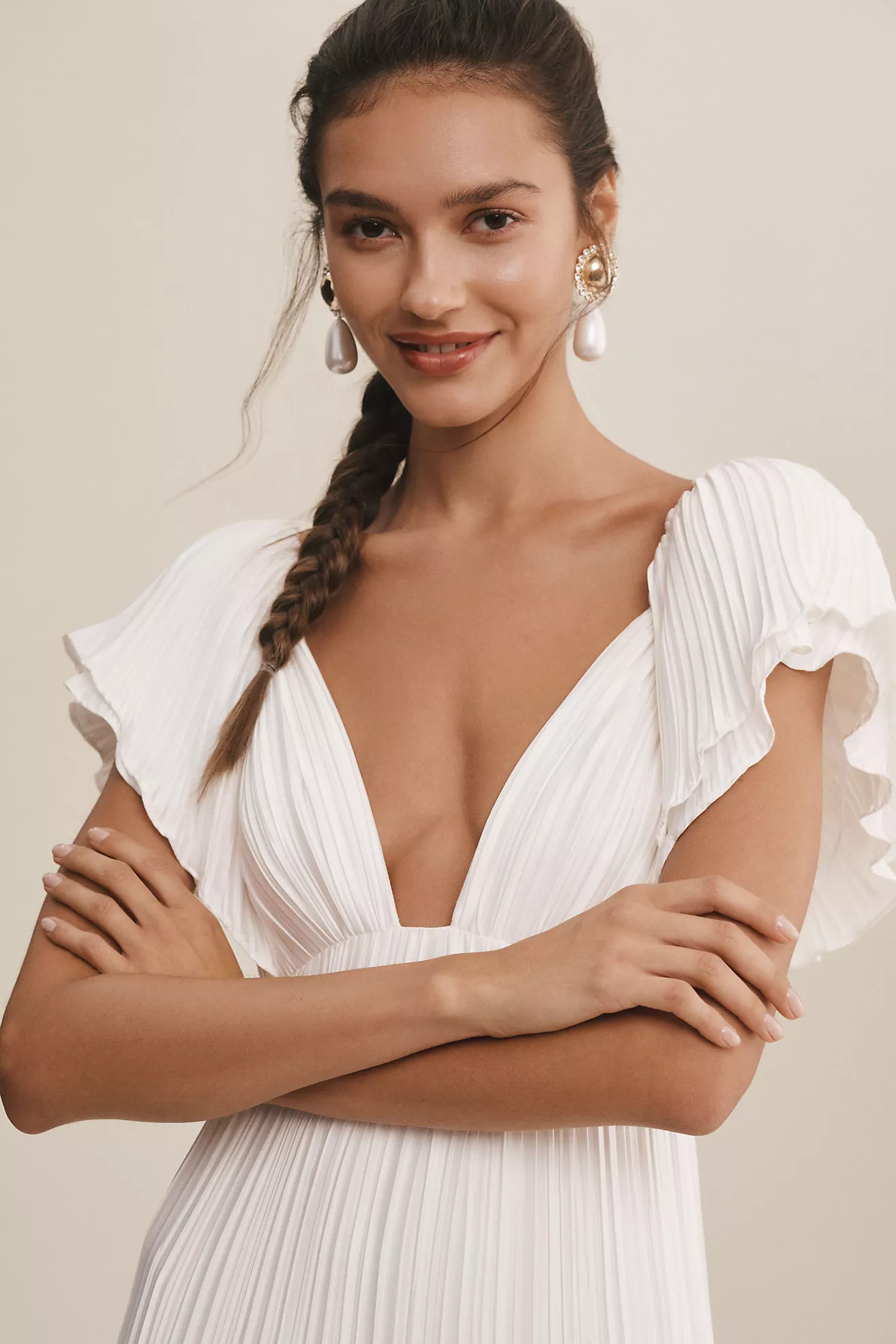 BHLDN Valerie Flutter-Sleeve Pleated Satin Wedding Gown | Anthropologie (US)