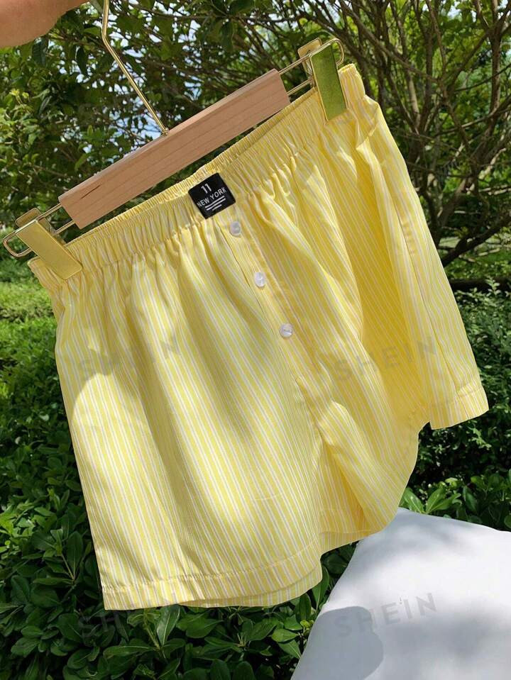 SHEIN Comfortcana Solid Color Summer Casual Home Wear Striped Shorts With Adhesive Tape | SHEIN