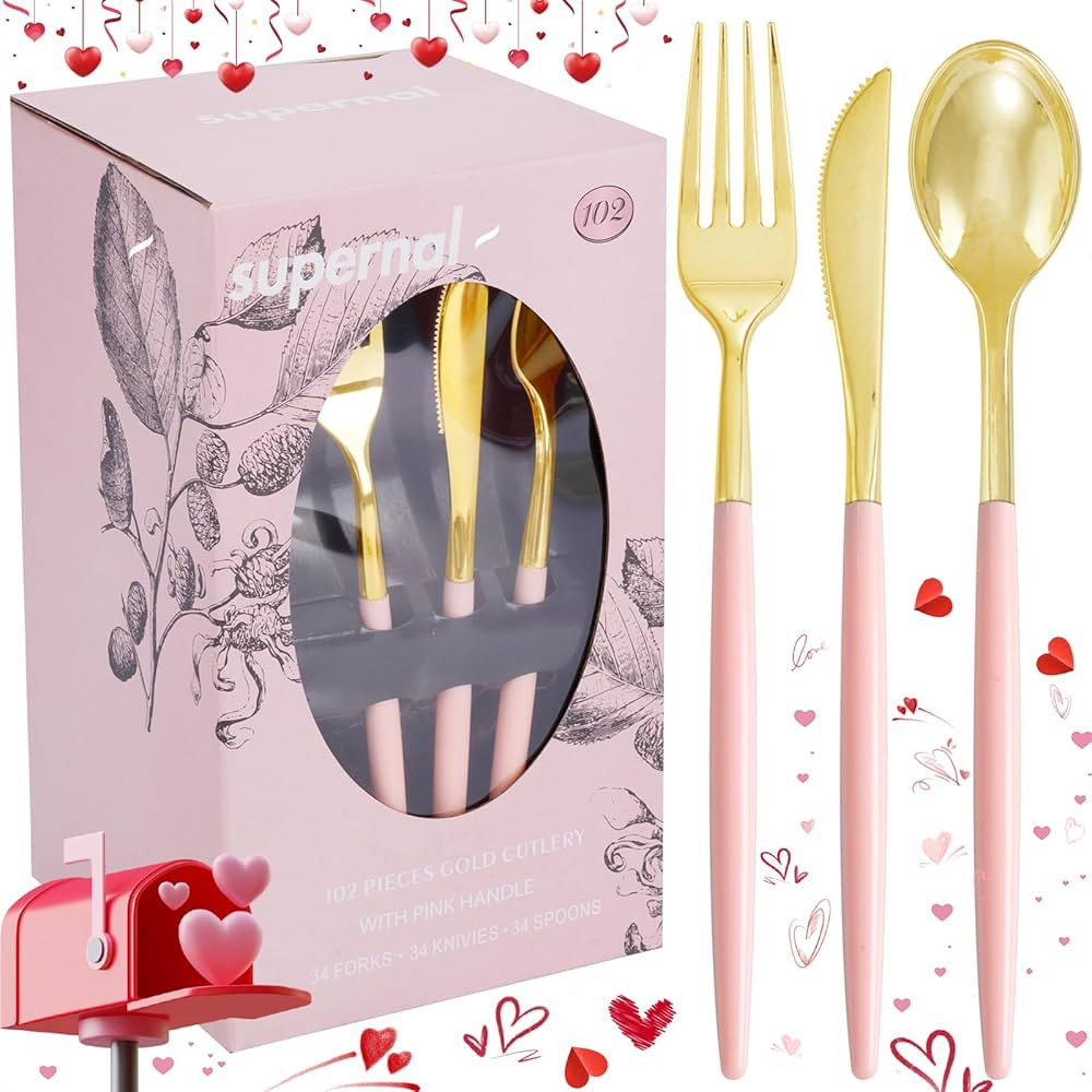 Supernal 102Pcs Pink Plastic Silverware, Gold Disposable Utensils with Pink Handle, Elegant Gold ... | Amazon (US)