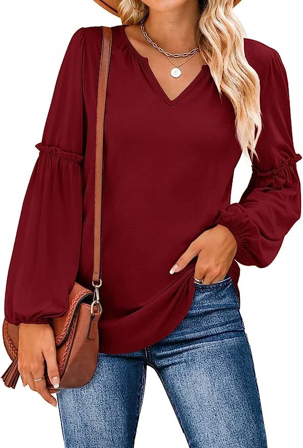 IVIR Womens Casual V Neck T-Shirts Puff Long Sleeve Tops Tunic Blouses | Amazon (US)