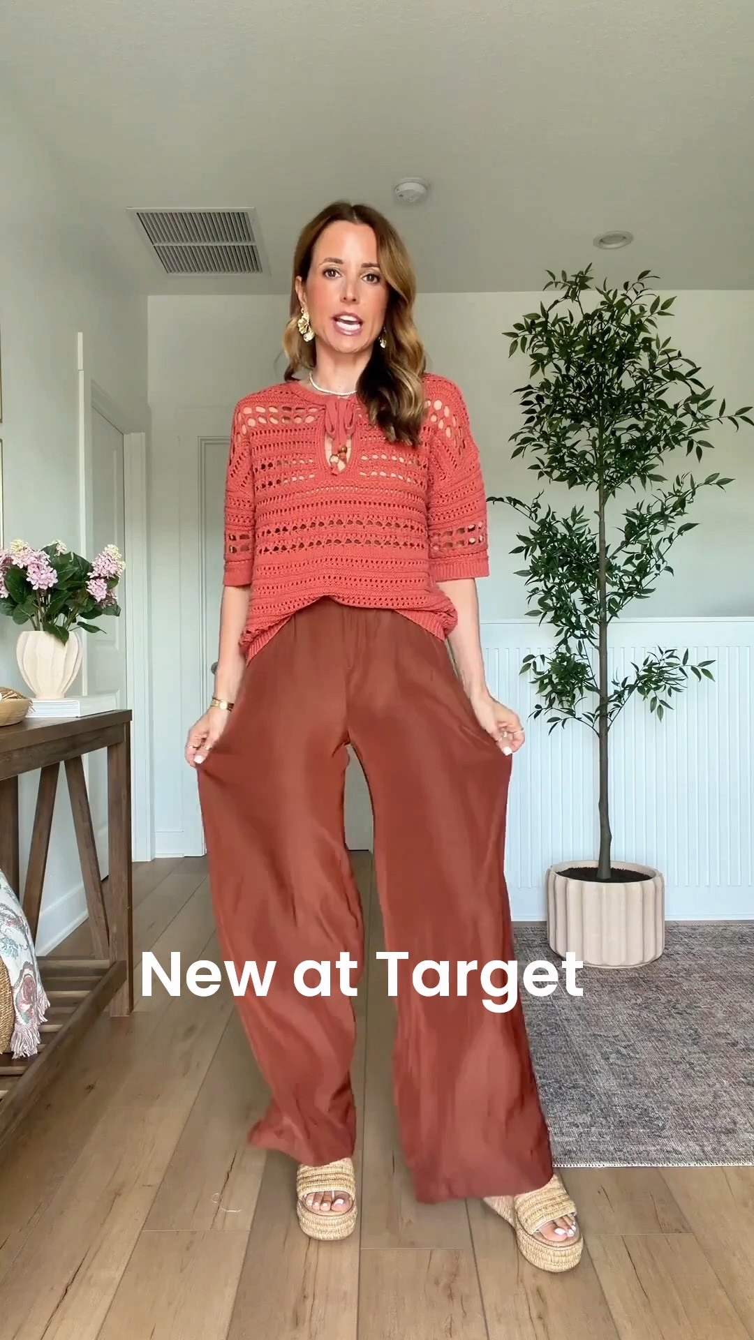 New summer arrivals at Target. Knit top in XS. Wide leg satin pants in XS (runs big so size down). Elevated casual outfit. Summer style. Vacation outfit. Vacation style. Resort outfit. Fall outfit. Fall style.

#LTKgrwm #LTKTravel #LTKWorkwear