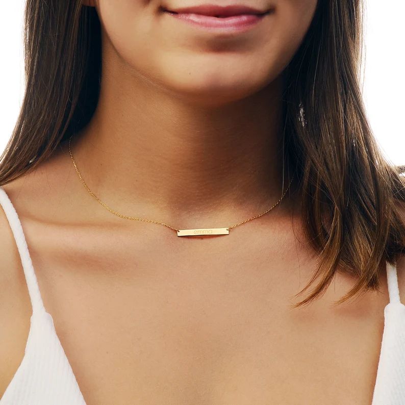 14K Solid Gold Bar Necklace, Silver Gold Rose Necklace, Custom Bar Necklace, Personalized Bar Nec... | Etsy (US)