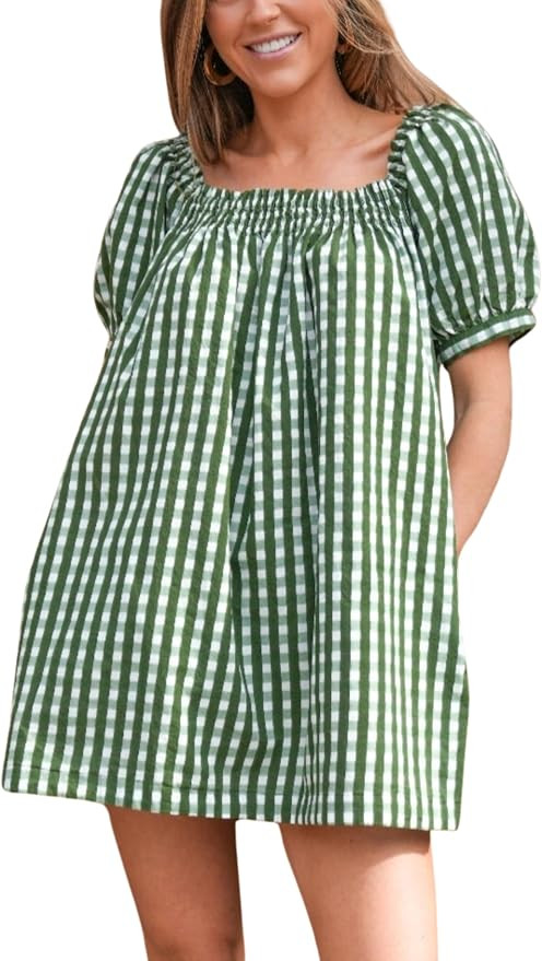 Huaqiao Womens Summer Gingham Mini Dress A-Line Square Neck Beach Sundress | Amazon (US)