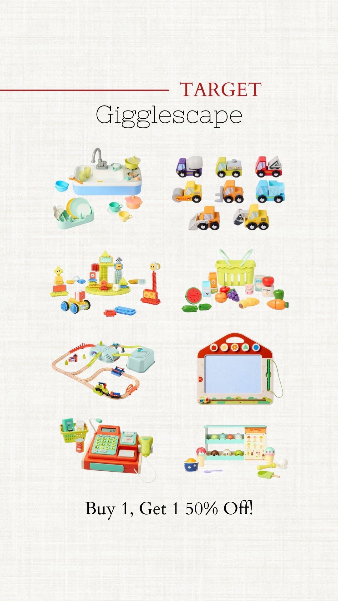 Targets Buy 1, get 1 50% off Gigglescape! 

#LTKHoliday #LTKKids #LTKSaleAlert