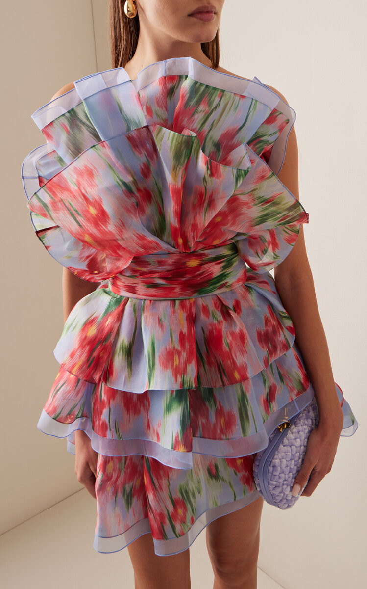 Tiered-Ruffle Silk Chiffon Bustier Mini Dress | Moda Operandi (Global)