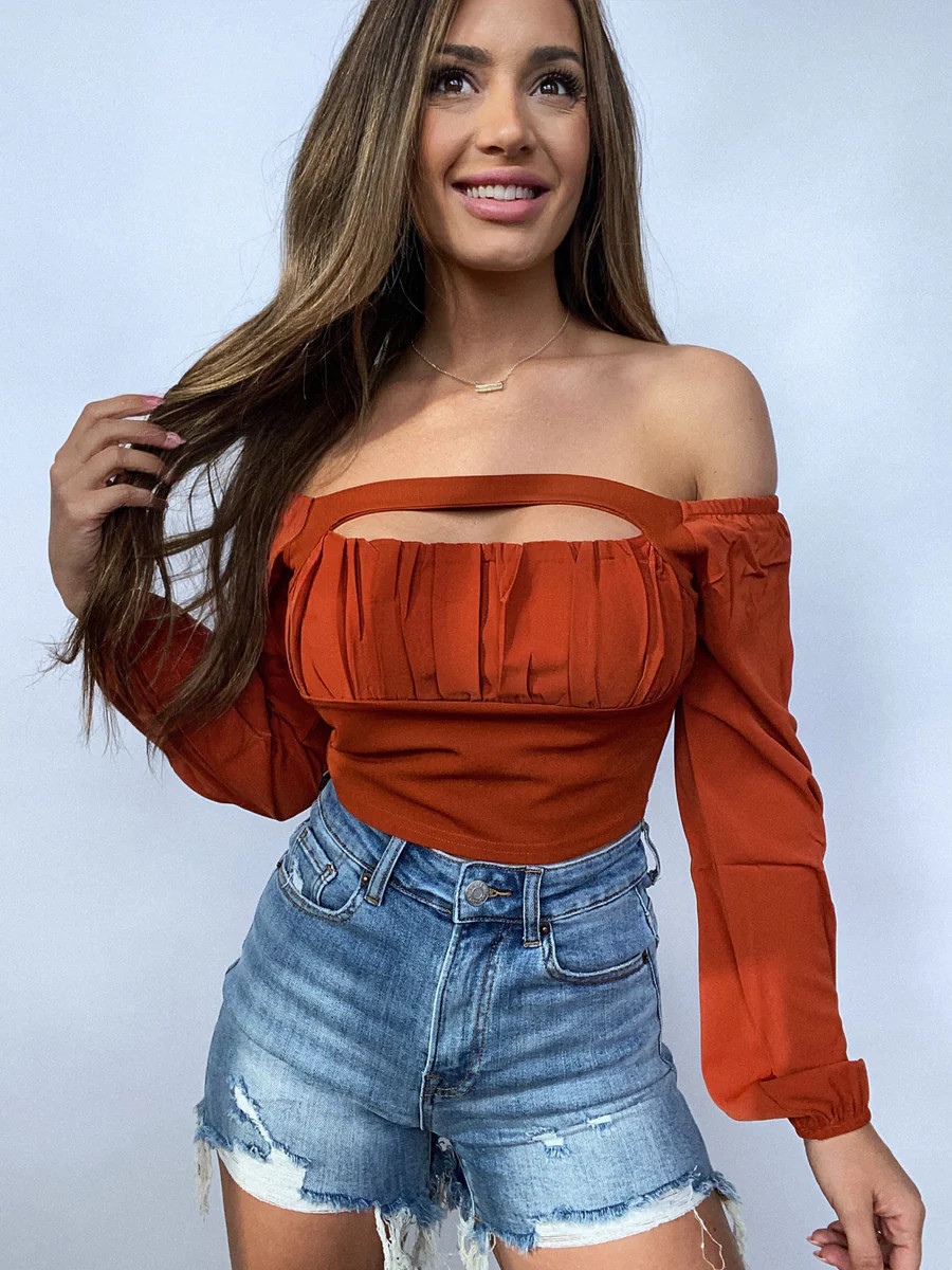 Night Out Long Sleeve Cutout Top- Rust | Willow Boutique