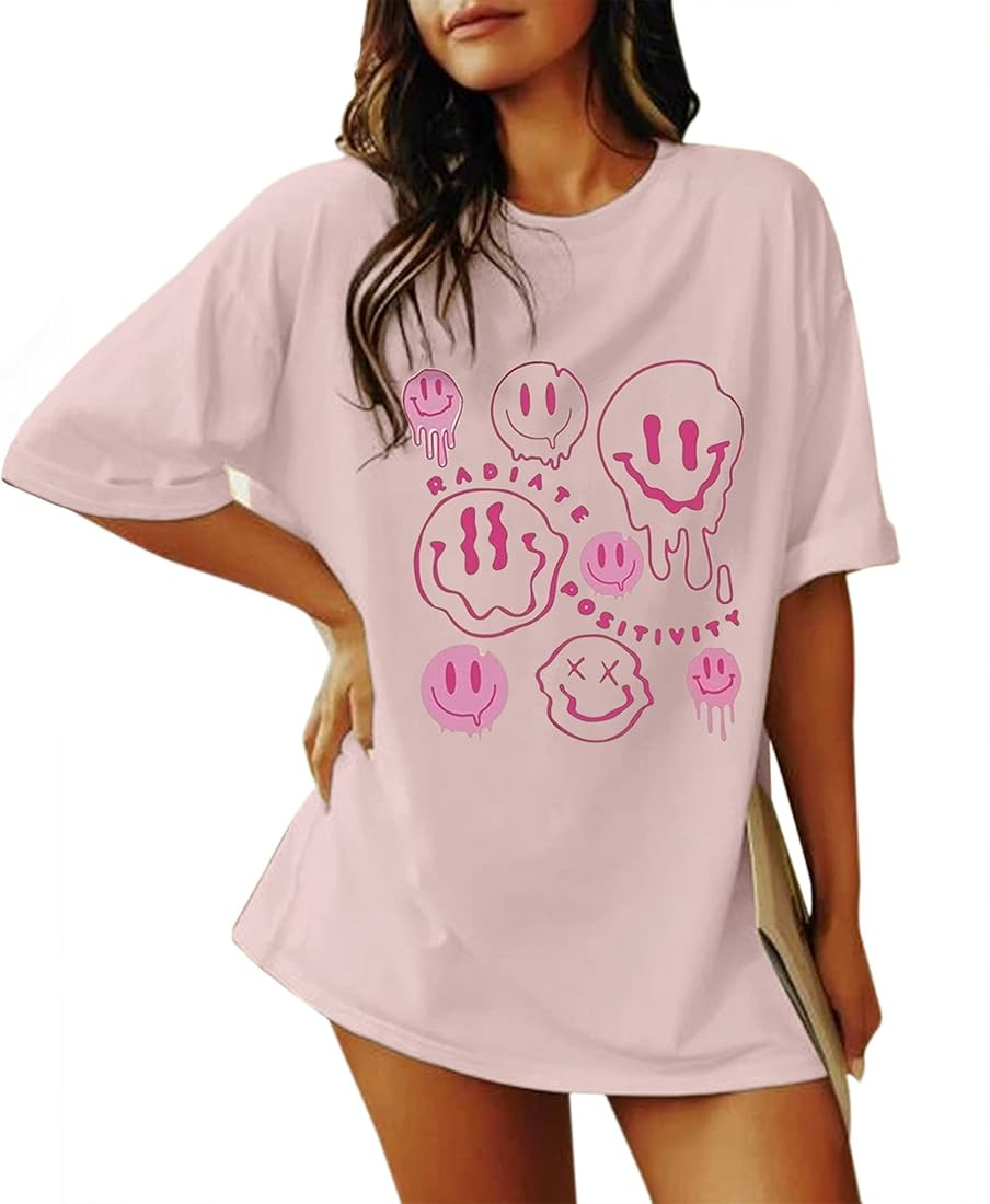 Meladyan Women Oversized Funny Smiles Graphic Letter Print T Shirt Drop Shoulder Crew Neck Summer... | Amazon (US)