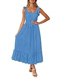 ZESICA Women's 2024 Summer Boho Spaghetti Strap Square Neck Solid Color Ruffle A Line Beach Long ... | Amazon (US)