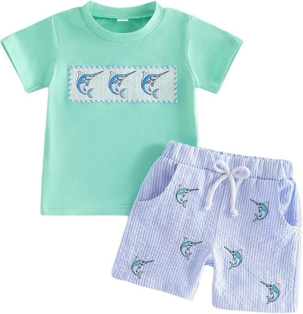 Boys Summer Shorts Sets Short Sleeve O Neck Fish Embroidery Tops And Striped Shorts Toddler Boy C... | Amazon (US)
