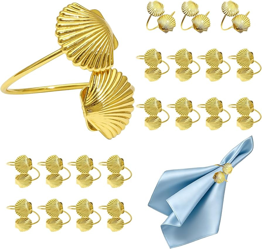 Gold Shell Napkin Rings Set of 20 Coastal Seashell Napkin Ring Holder for Beach Wedding Pool Part... | Amazon (US)