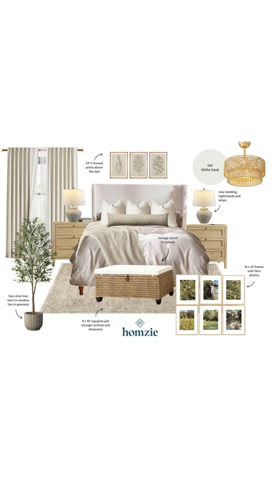 Master bedroom design featuring wood nightstands, rug, olive tree, curtains, rattan bench, wall art, lamps, decor, etc.#LTKFinds #LTKFavorites #HomeStyleDaily 

 #LTKStyleTip #LTKFamily

#LTKHome #LTKHome