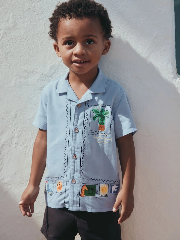 Blue Palm Print Short Sleeve Revere Collar Printed Shirt (3mths-7yrs) | Next US