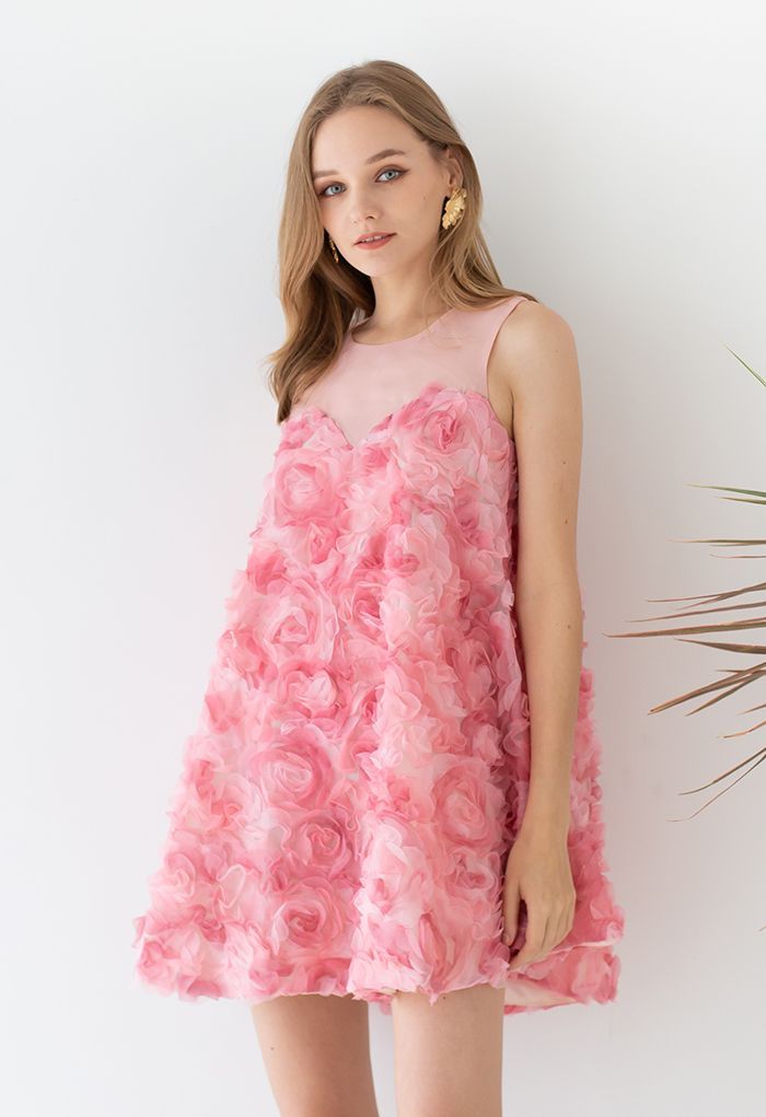 3D Pinky Rose Sleeveless Dolly Dress | Chicwish