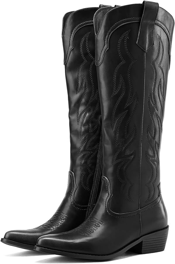 Cowboy Boots for Women Embroidered Pointy Toe Chunky Heeled Knee High Western Boots | Amazon (US)