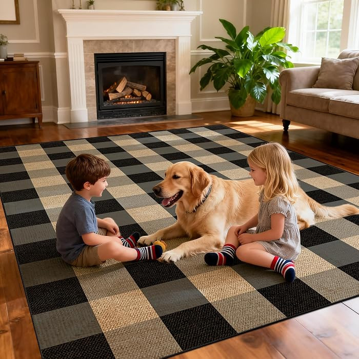 Washable 5x7 Buffalo Plaid Checkered Jute Indoor Outdoor Rug for Livingroom | Amazon (US)