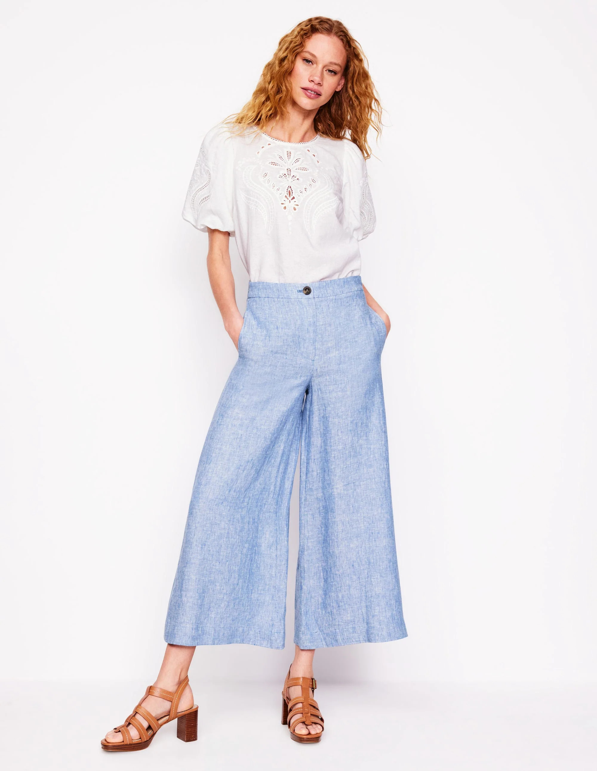 Wide Crop Linen Trousers-Grey Blue Chambray | Boden UK