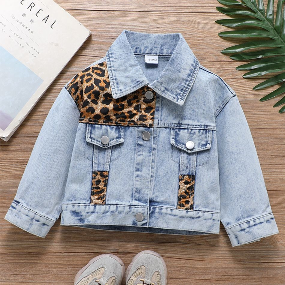 Toddler Girl Leopard Print Lapel Collar Button Design Denim Jacket | PatPat