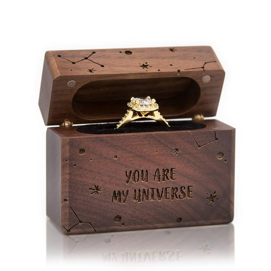 MUUJEE You Are My Universe Engraved Wooden Ring Box, Slim Engagement Proposal Ring Holder, Weddin... | Amazon (US)